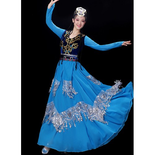 Women blue color chinese Xinjiang dance performance costume adult opening dance big swing skirt Uyghur ethnic stage performance dresses for female